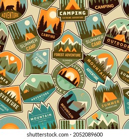 Camp badges pattern. Exploring logo for scouts outdoor adventure forest and mountains recent vector seamless background