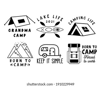Camp badges set designs. Camping crest logos with mountains, tents, canoe and RV trailer. Travel labels isolated. Stock vector graphics emblems