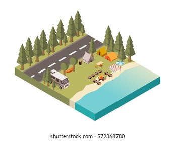 Camp between road and lake with tents and hammock bonfire on beach picnic blanket  isometric vector illustration