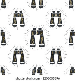 Camp binocular seamless background. Camping equipment pattern design. Featuring binocular with custom quote - Explore inside and sunbursts. Stock vector wallpaper isolated on white.