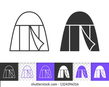 Camp black linear and silhouette icons. Thin line sign of tent. Summer Awning outline pictogram isolated on white, color, transparent background. Vector Icon shape. Camping simple symbol closeup