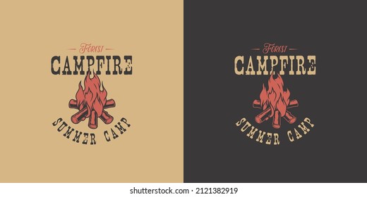 Camp bonfire with a large flame and sparks for explore and adventure in forest hiking. Burning campfire for camping.