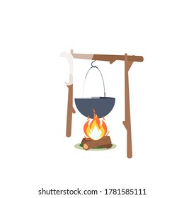 Camp bonfire semi flat RGB color vector illustration. Cooking meal in camp. Picnic food preparation. Burning flame with cauldron. Fire under pot isolated cartoon object on white background