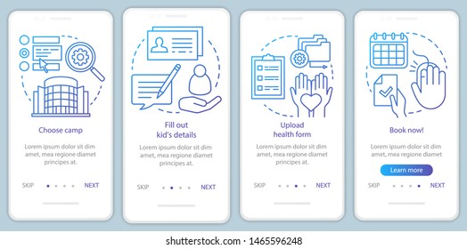 Camp booking onboarding mobile app page screen vector template. Child holiday vacation reserving. Walkthrough website steps with linear illustrations. UX, UI, GUI smartphone interface concept