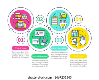 Camp booking, reservation vector infographic template. Business presentation design elements. Data visualization with four steps and options. Process timeline chart. Workflow layout with linear icons