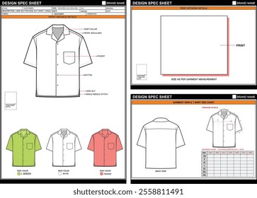 CAMP BUTTON SIDE SLIT SHIRT EASY EDITABLE EMPTY TECHPACK MEASUREMENT LAYOUT TEMPLATE DESIGN