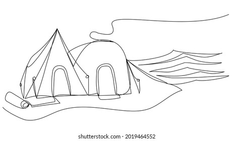 Camp by the sea in one line on a white background. Stock illustration