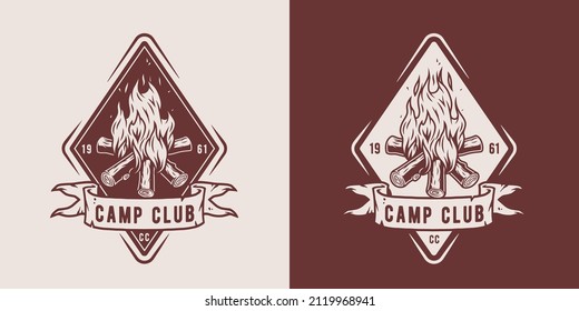 Camp campfire for camping. Burning bonfire with a large flame and sparks for explore and adventure in forest hiking