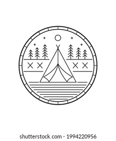 camp and campground in mono line art, badge, emblem, T-shirt vector, Tee Design