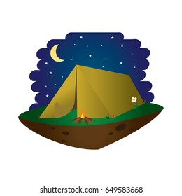 Camp or Camping Tend Flat Design Illustration with bonfire, on middle of the night and Floating islan