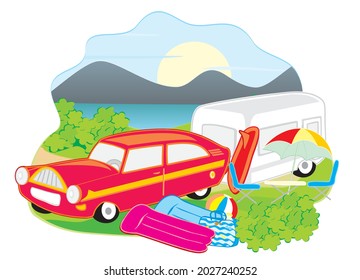 camp, car with caravan in nature, banner, vector conceptual illustration
