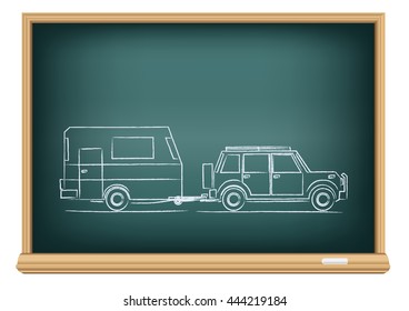 The camp car drawn on school blackboard on white background