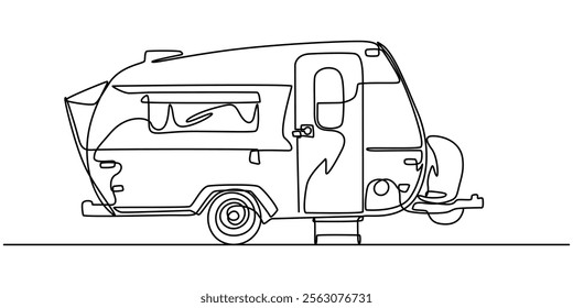 Camp Caravan Continuous Line Editable Stroke Line, Continuous one line drawing of motorhome, Motorhome in continuous line art drawing style. Campervan recreational vehicle black linear sketch.