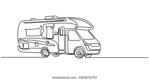 Camp Caravan Continuous Line Editable Stroke Line, Continuous one line drawing of motorhome, Motorhome in continuous line art drawing style. Campervan recreational vehicle black linear sketch.