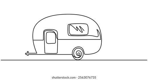 Camp Caravan Continuous Line Editable Stroke Line, Continuous one line drawing of motorhome, Motorhome in continuous line art drawing style. Campervan recreational vehicle black linear sketch.