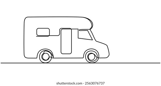 Camp Caravan Continuous Line Editable Stroke Line, Continuous one line drawing of motorhome, Motorhome in continuous line art drawing style. Campervan recreational vehicle black linear sketch.