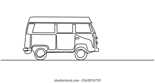 Camp Caravan Continuous Line Editable Stroke Line, Continuous one line drawing of motorhome, Motorhome in continuous line art drawing style. Campervan recreational vehicle black linear sketch.