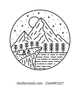 Camp in der Klippe mit Berg als Hintergrund in Mono-Line-Kunst für das Logo-Patch emblem grafischen Vektorgrafik-T-Shirt-Design