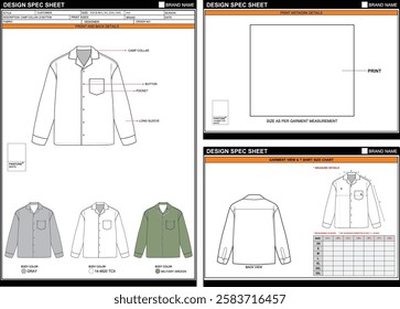 CAMP COLLAR LS BUTTON SHIRT EASY EDITABLE EMPTY TECHPACK MEASUREMENT LAYOUT TEMPLATE DESIGN