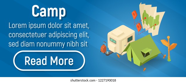 Camp concept banner. Isometric banner of camp vector concept for web, giftcard and postcard