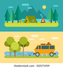 Camp Concept. Tourist Tent on the Lake. Minivan on the River, Fishing. Vector Illustration in Flat Design Style for Web Banners or Promotional Materials