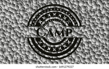 Camp dark emblem with grey bubbles background. Retro. Vector Illustration. Detailed.
