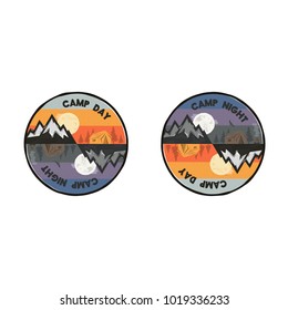 Camp day and camp night outdoor adventure concept. Unique camping emblem, badge. Included mountains, tent, bonfire, eagle symbols and elements. Letterpress effect. Stock vector illustration isolated.