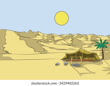 Camp in Wüste mit Zelt und Sonne Vektor-Illustration - Wüste - Arabisch