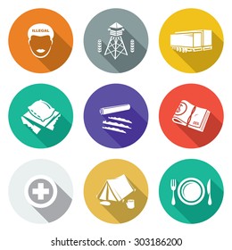Camp for displaced persons Icons Set. Vector Illustration. Isolated Flat Icons collection on a color background for design