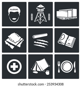 Camp for displaced persons Vector Icons Set