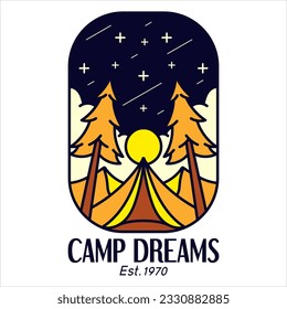 Camp dreams starry night adventure badge t for t-shirt designs clothing and logo brand, Summer desert logo sign illustration vector