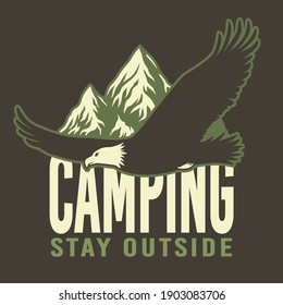 Camp eagle, mountain and rock for camping and outdoor travel expedition or t-shirt print