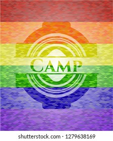 Camp emblem on mosaic background with the colors of the LGBT flag