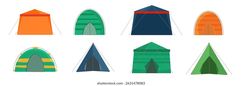Camp equipment in cute tourist design with linear object and trailer for expedition or recreation vacation showing explore concept with landscape and camping activity in vector cartoon background

