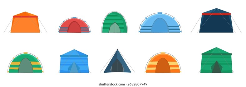 Camp equipment in cute tourist design with linear object and trailer for expedition or recreation vacation showing explore concept with landscape and camping activity in vector cartoon background


