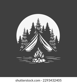 Camp expedition travel adventure nature wanderlust vacation t shirt print design vintage icon vector illustration. Camping tent night halt campfire bonfire spruce woodland moon discovery exploration