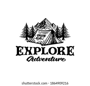 Acampar y explorar el diseño del logo de la montaña vintage, vector