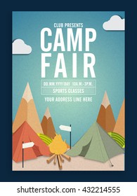 Camp Fair Template, Summer Camp Banner Or Flyer Design With Illustration Of Tents On Stylish Background.