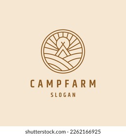 Camp farm, peak, river and farm logo vector template line art