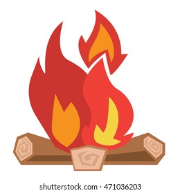 Camp fire burning brightly vector flat design illustration isolated on white background.