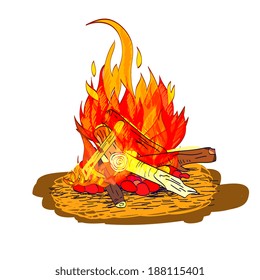 Camp fire flame burn with fireplace wood and stones sketch isolated emblem vector illustration