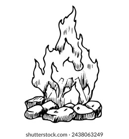 Camp fire with flame and wooden lags. Hand drawn vector illustration of Fireplace on isolated background. Drawing of bonfire painted by black inks. Sketch of campfire for travel and adventure.