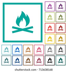Camp fire flat color icons with quadrant frames on white background