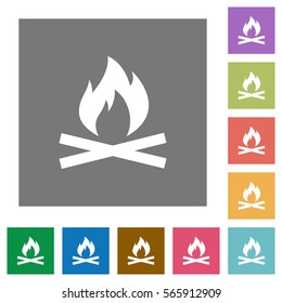 Camp fire flat icons on simple color square backgrounds