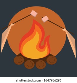 camp fire in forest with friends