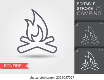 Camp fire icon. Bonfire burning on firewood sign. Outline icon with editable stroke. Linear symbol of camping with shadow.