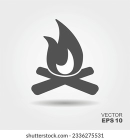 Camp fire icon. Bonfire burning on firewood sign. Flat vector icon. Symbol of camping with shadow.