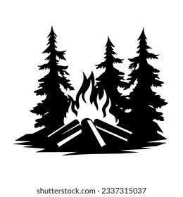 Icono de fuego del campamento. Fuego de hogueras en un cartel de leña. Vector.
