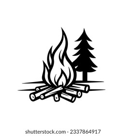 Camp fire icon. Bonfire burning on firewood sign. Vector.