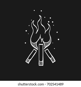 Camp fire icon in doodle sketch lines. Camping burn heat wild fire